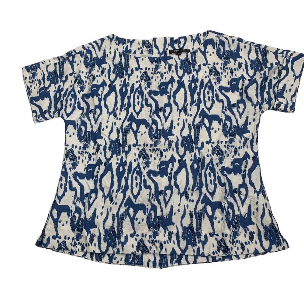 Boho Chic XS Blue & White Patterned Short Sleeve Top Button Back Boxy